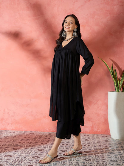 InWeave Black V-Neck Flared Kurta Short Palazzo Set
