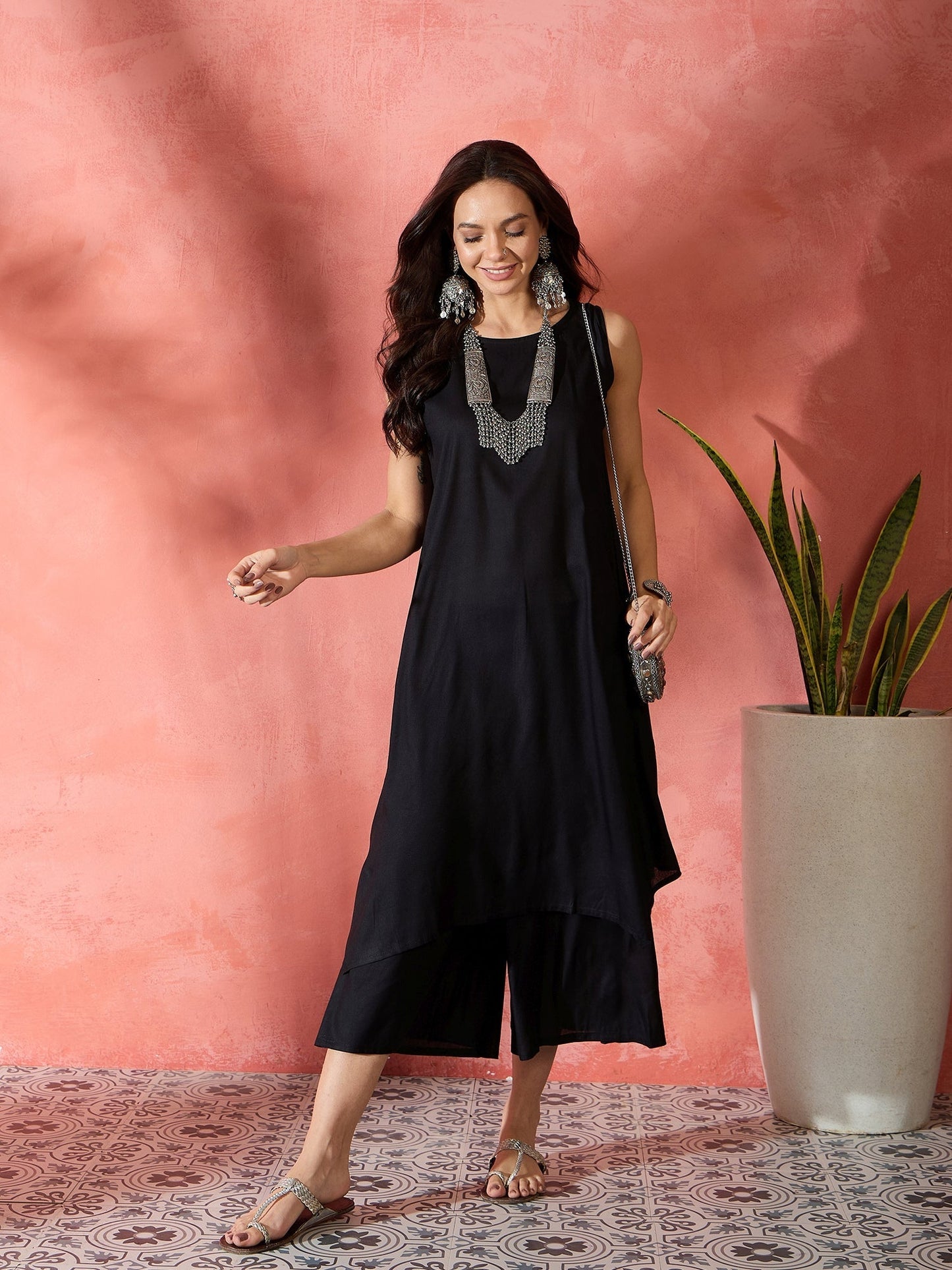 InWeave Black Kurta Short Palazzo Set