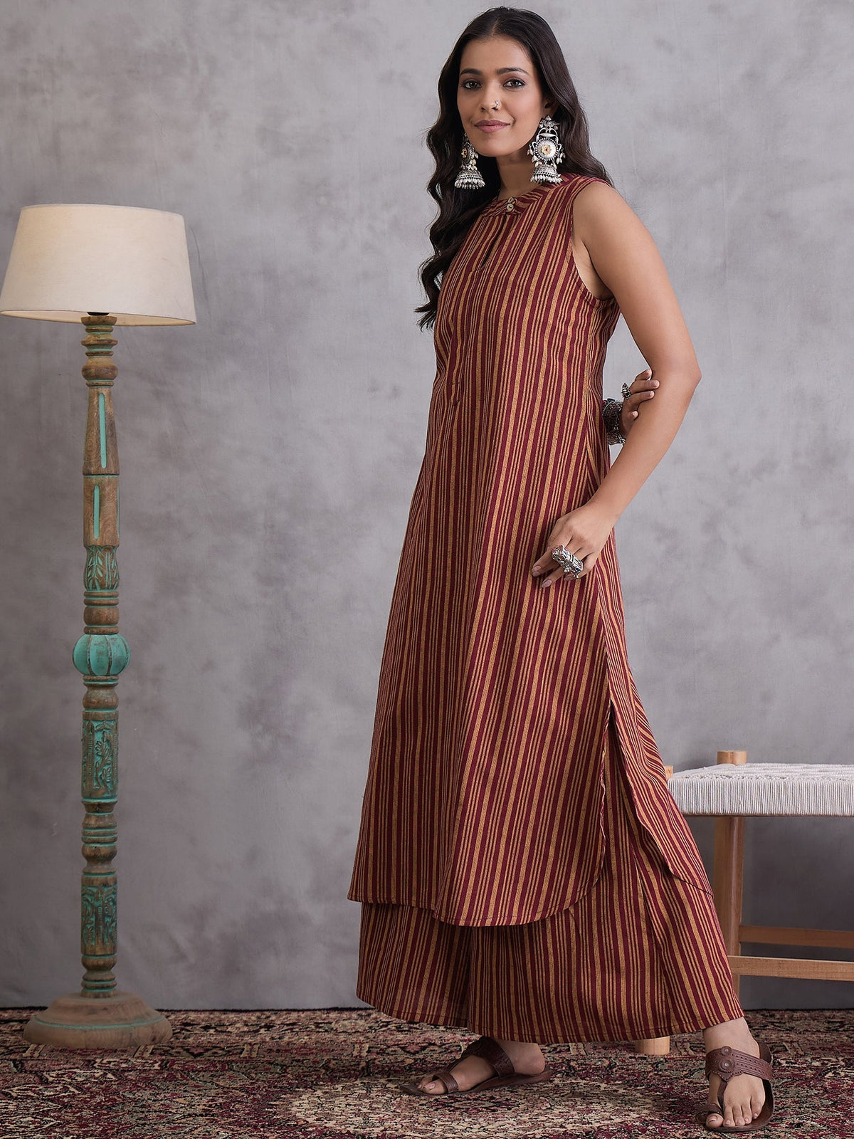 InWeave Maroon Orange Striped Kurta Set