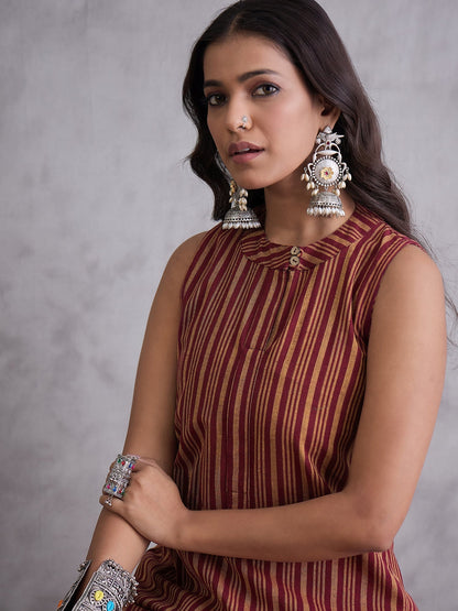 InWeave Maroon Orange Striped Kurta Set