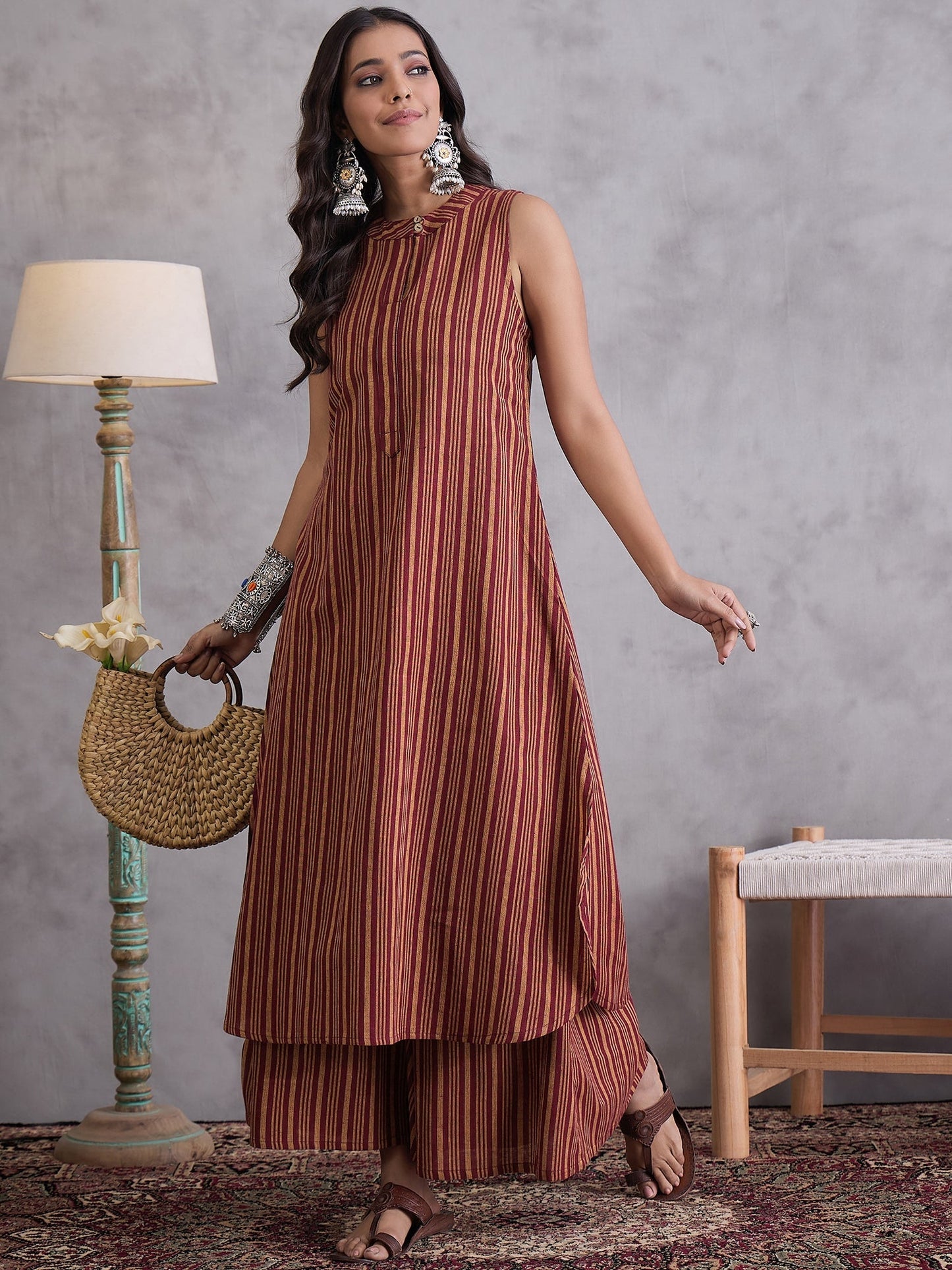 InWeave Maroon Orange Striped Kurta Set