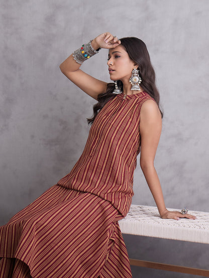 InWeave Maroon Orange Striped Kurta Set