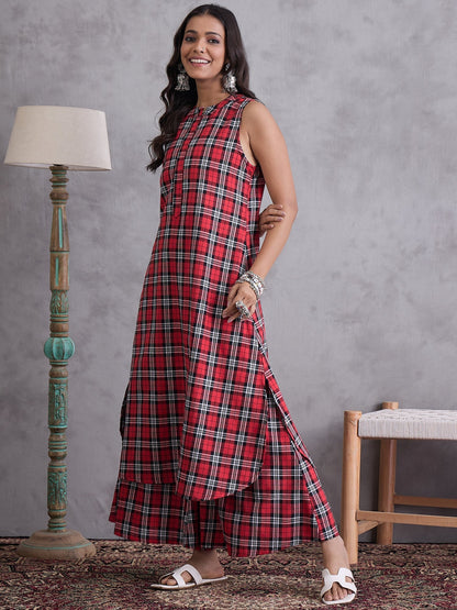 InWeave Red Black Check Kurta Set