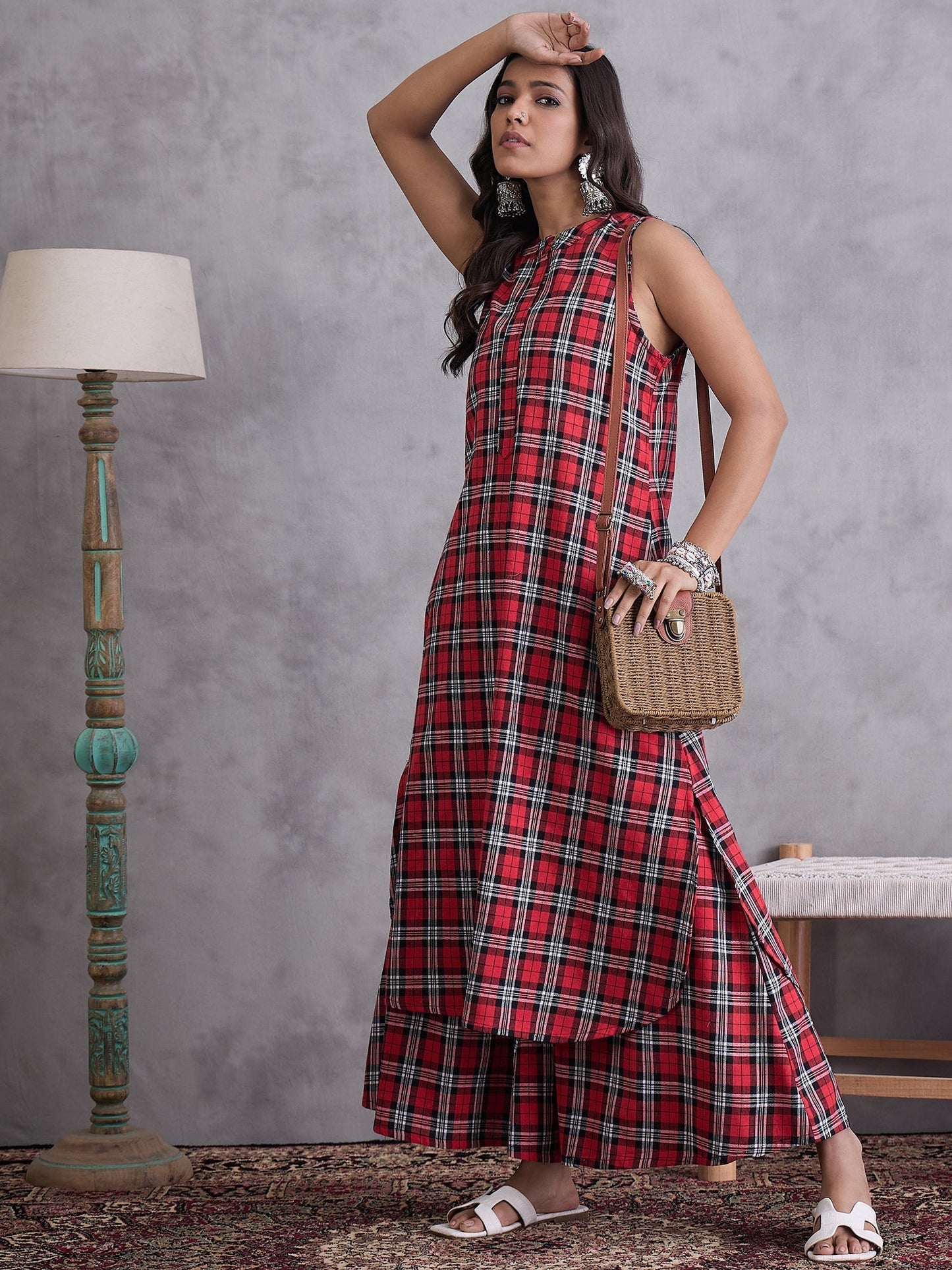 InWeave Red Black Check Kurta Set