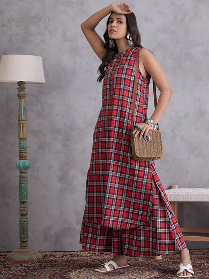 InWeave Red Black Check Kurta Set