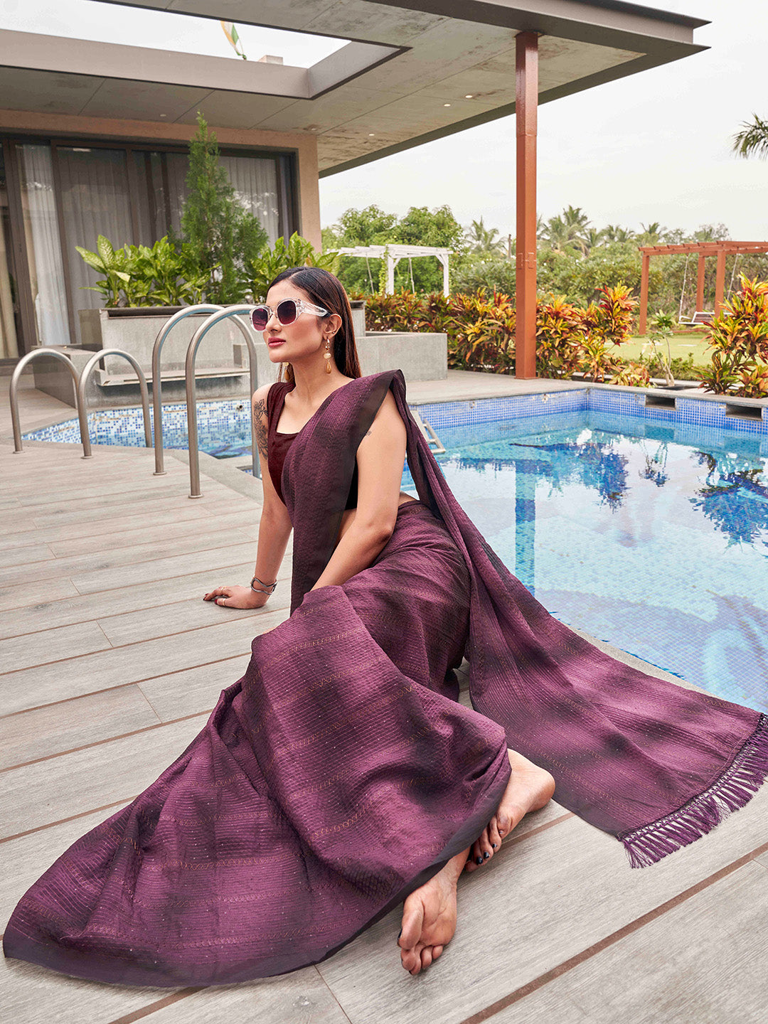 Tikhi Imli Woven Design Embellished Sequinned Saree With Tassles