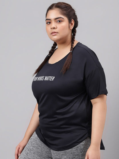 MKH Plus Size Typography Printed Dri-FIT Relaxed Fit Drop-Shoulder Sleeves Gym T-shirt