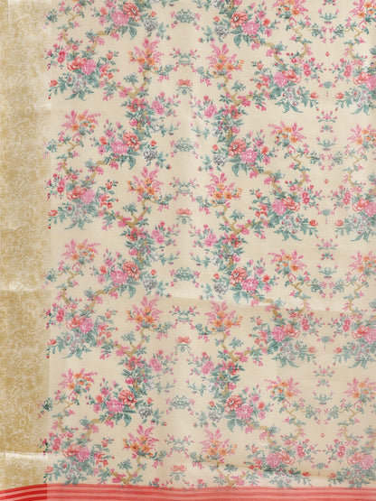 Saree Mall Cream-Coloured & Pink Floral Print Saree