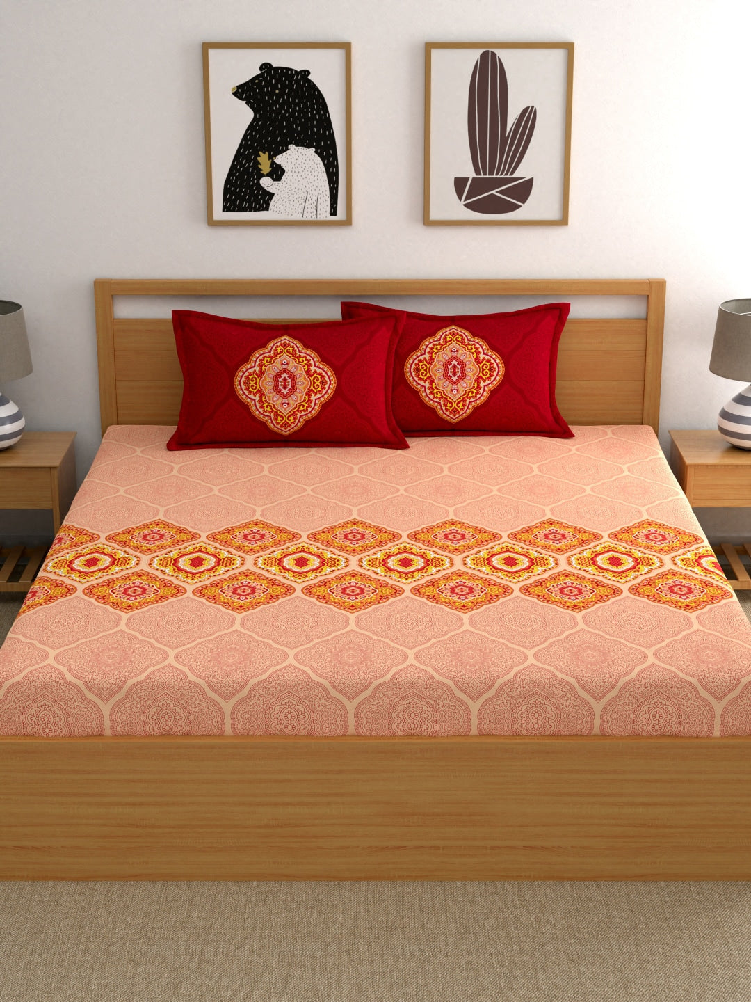Dreamscape Pink Ethnic Motifs 144 TC Cotton 1 Queen Bedsheet with 2 Pillow Covers