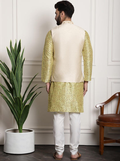 Sojanya Men Lime Green Ethnic Motifs Printed Kurta with Pyjamas & Nehru Jacket