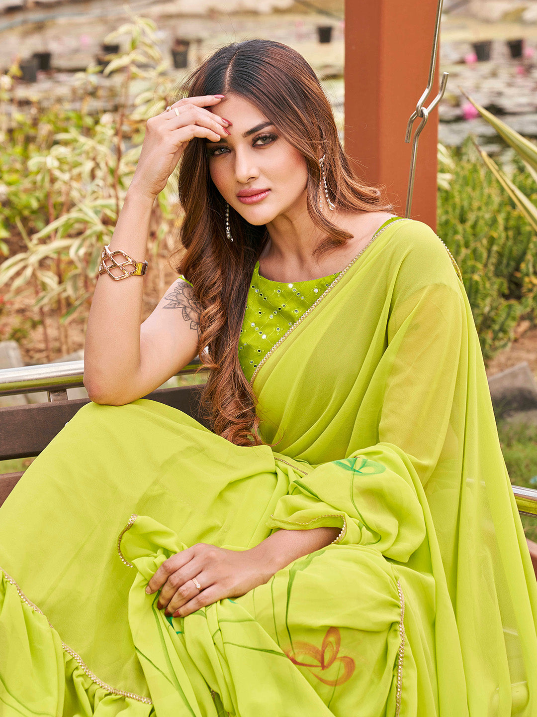 Tikhi Imli Printed Ruffle Saree With Mirror Embroidered Work Blouse
