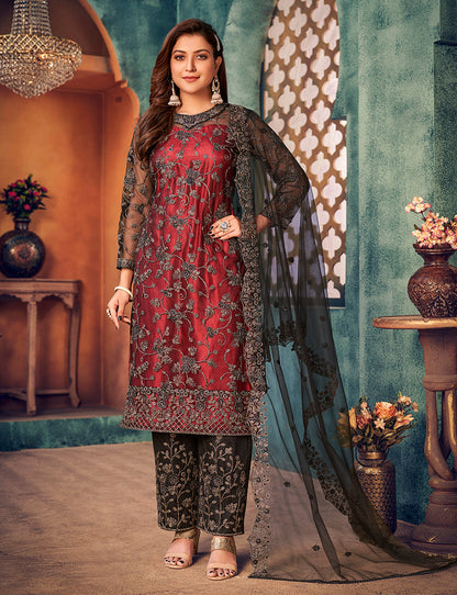 Monjolika Fashion Red Black Color Trendy Designer Net Pakistani Salwar Kameez
