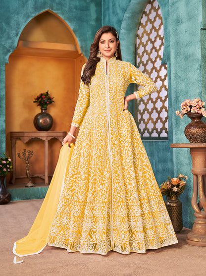 Monjolika Fashion Yellow Color Net Designer Floor Length Suit