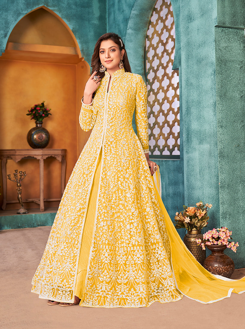 Monjolika Fashion Yellow Color Net Designer Floor Length Suit