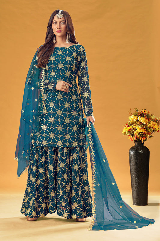 Monjolika Fashion Teal Embroidered Palazzo Salwar Suit