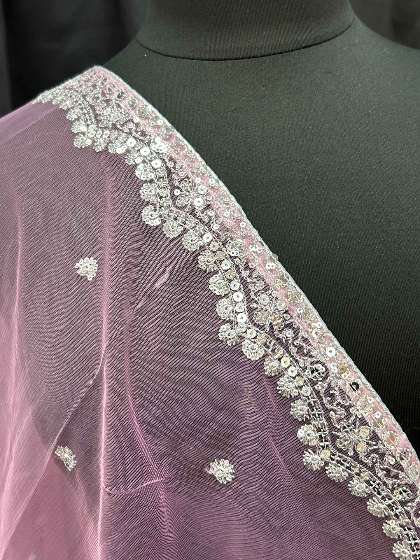 Light pink net dupatta with silver sequin border