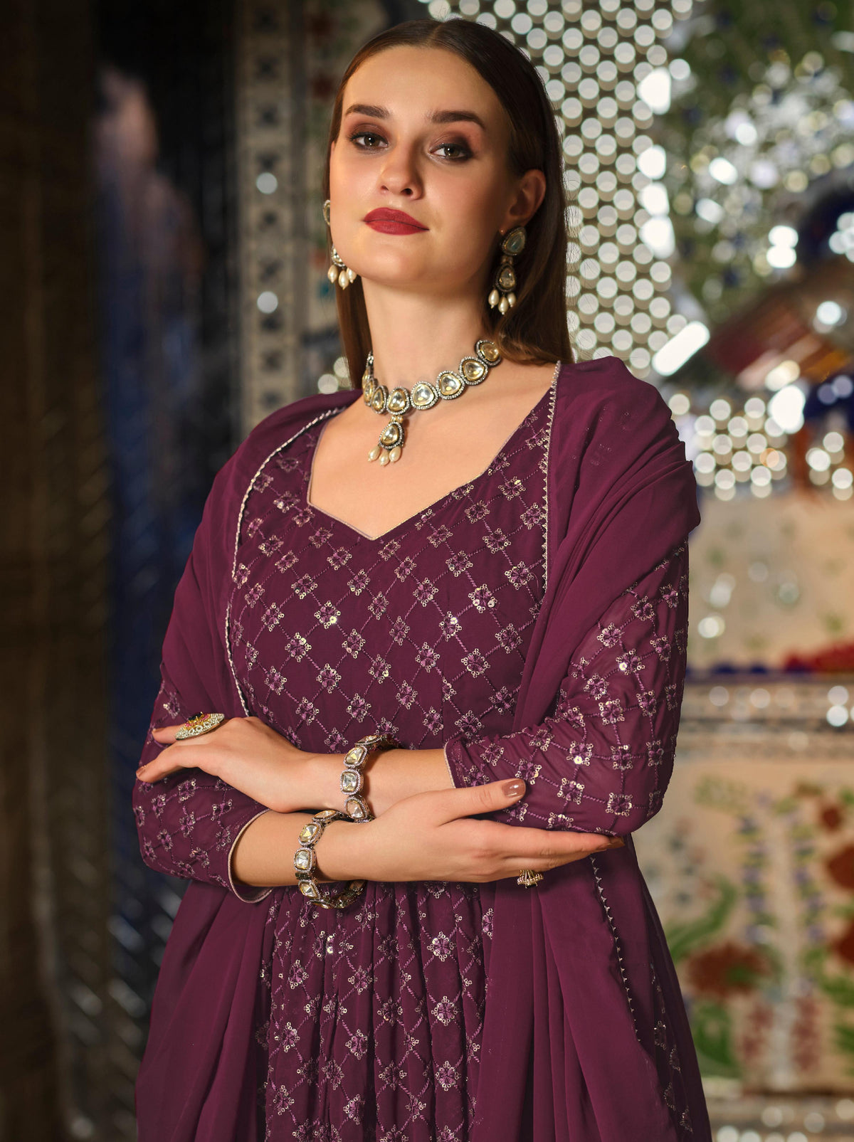 Monjolika Fashion Purple Color Georgette Anarkali Lehenga Style Suit