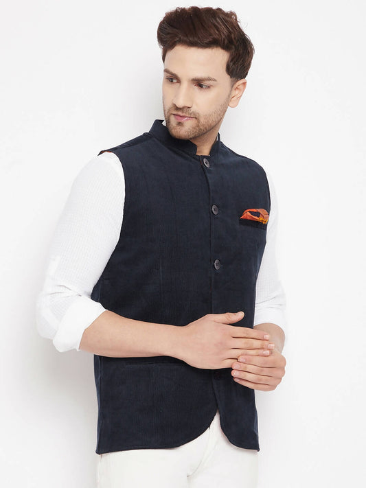 Even Apparels Navy Polyester Men's Nehru Jacket-Contrast Lining-Inbuilt Pocket Square