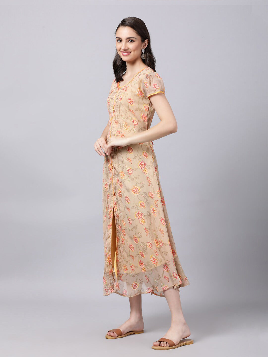 Souchii Women Grey Floral Printed Chiffon A-Line Dress