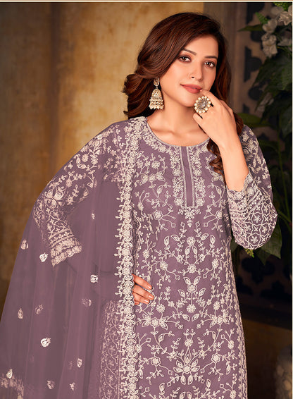 Monjolika Fashion Lavender Color Net Embroidered Salwar Kameez