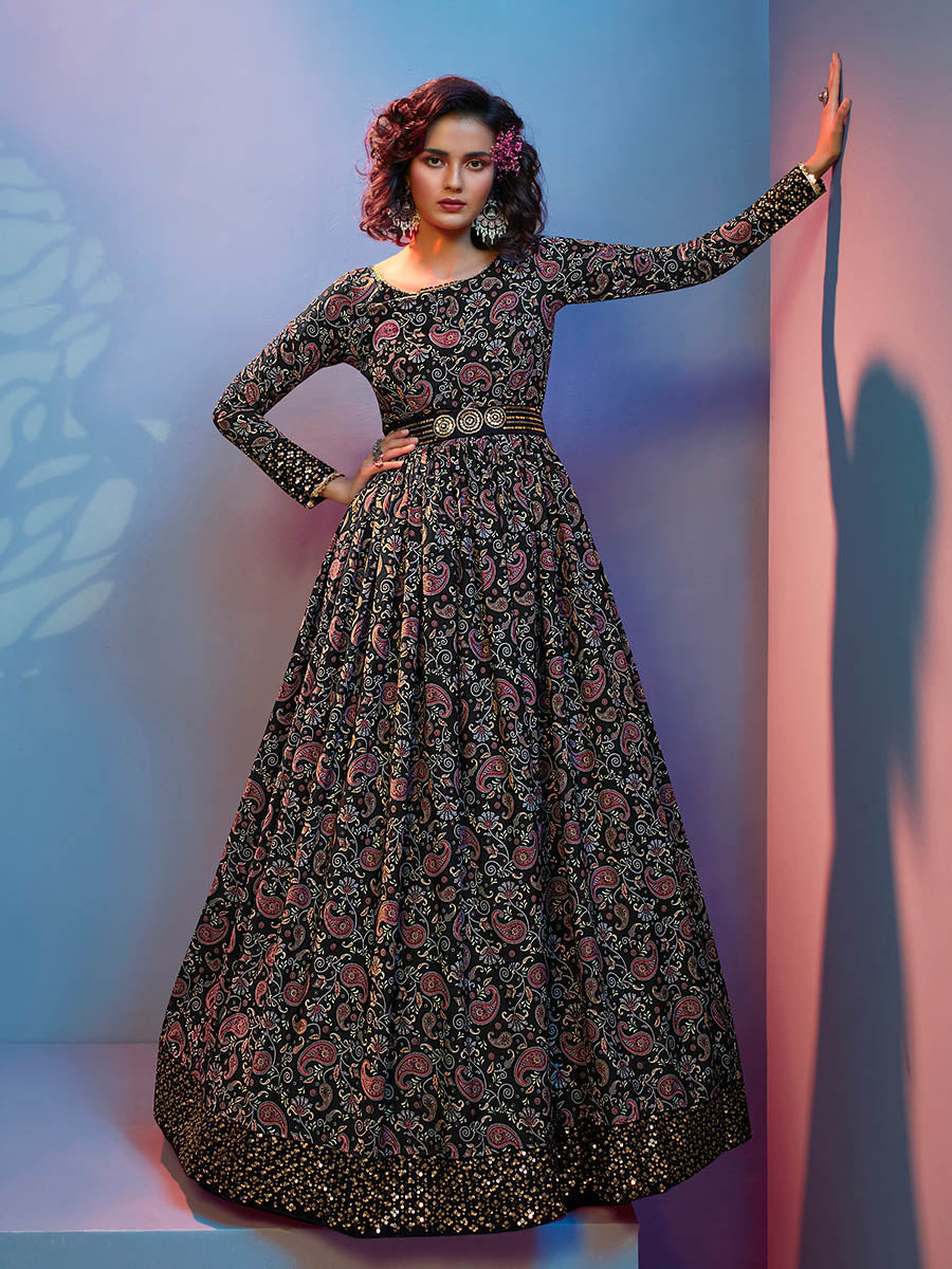 Myra Black Natural Crepe Printed Embroidered Gown