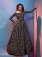 Myra Black Natural Crepe Printed Embroidered Gown