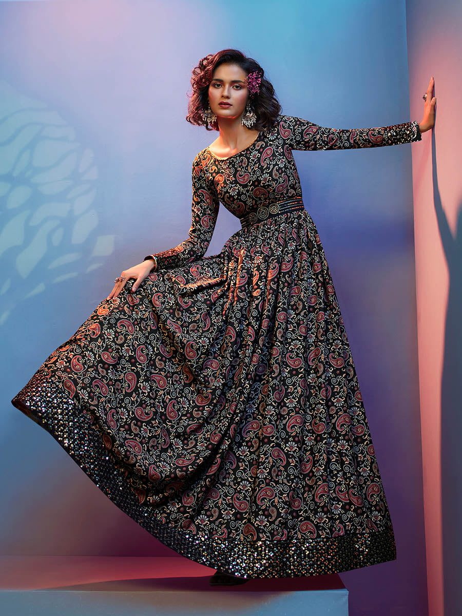 Myra Black Natural Crepe Printed Embroidered Gown