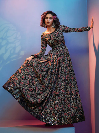 Myra Black Natural Crepe Printed Embroidered Gown