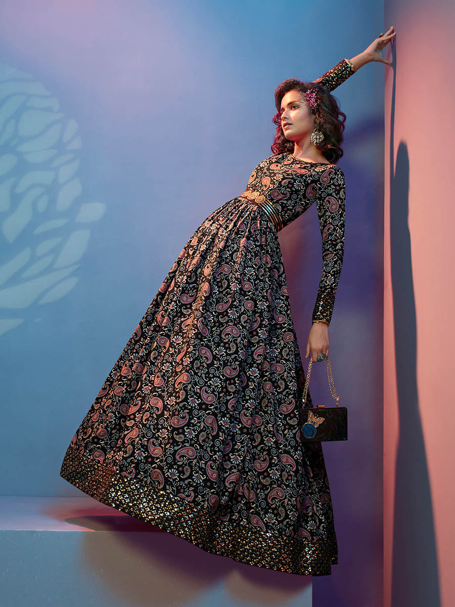 Myra Black Natural Crepe Printed Embroidered Gown