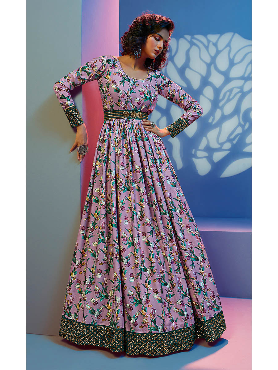 Myra Lavender Natural Crepe Printed Embroidered Gown