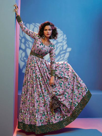 Myra Lavender Natural Crepe Printed Embroidered Gown