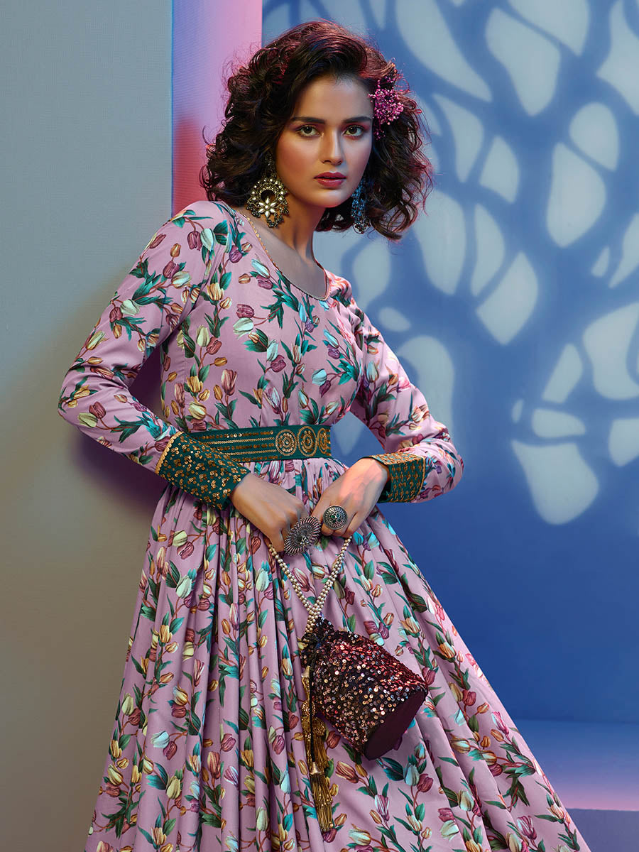 Myra Lavender Natural Crepe Printed Embroidered Gown