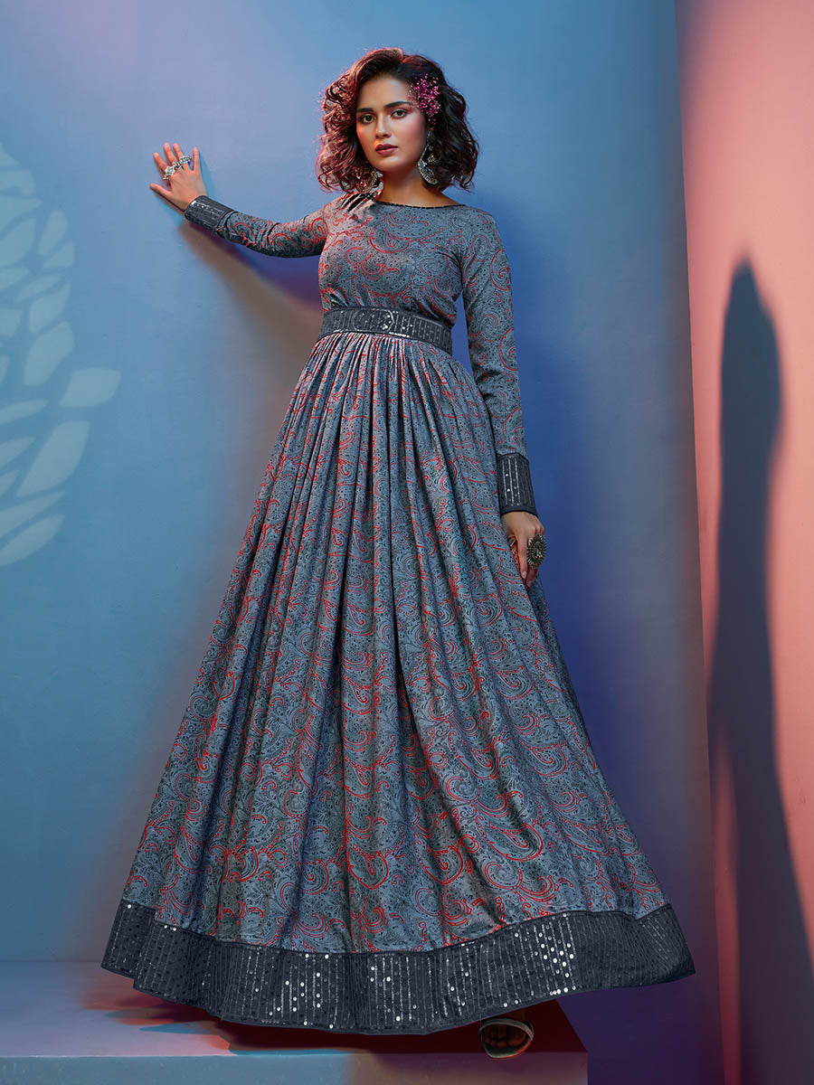 Myra Grey Crepe Printed Embroidered Gown