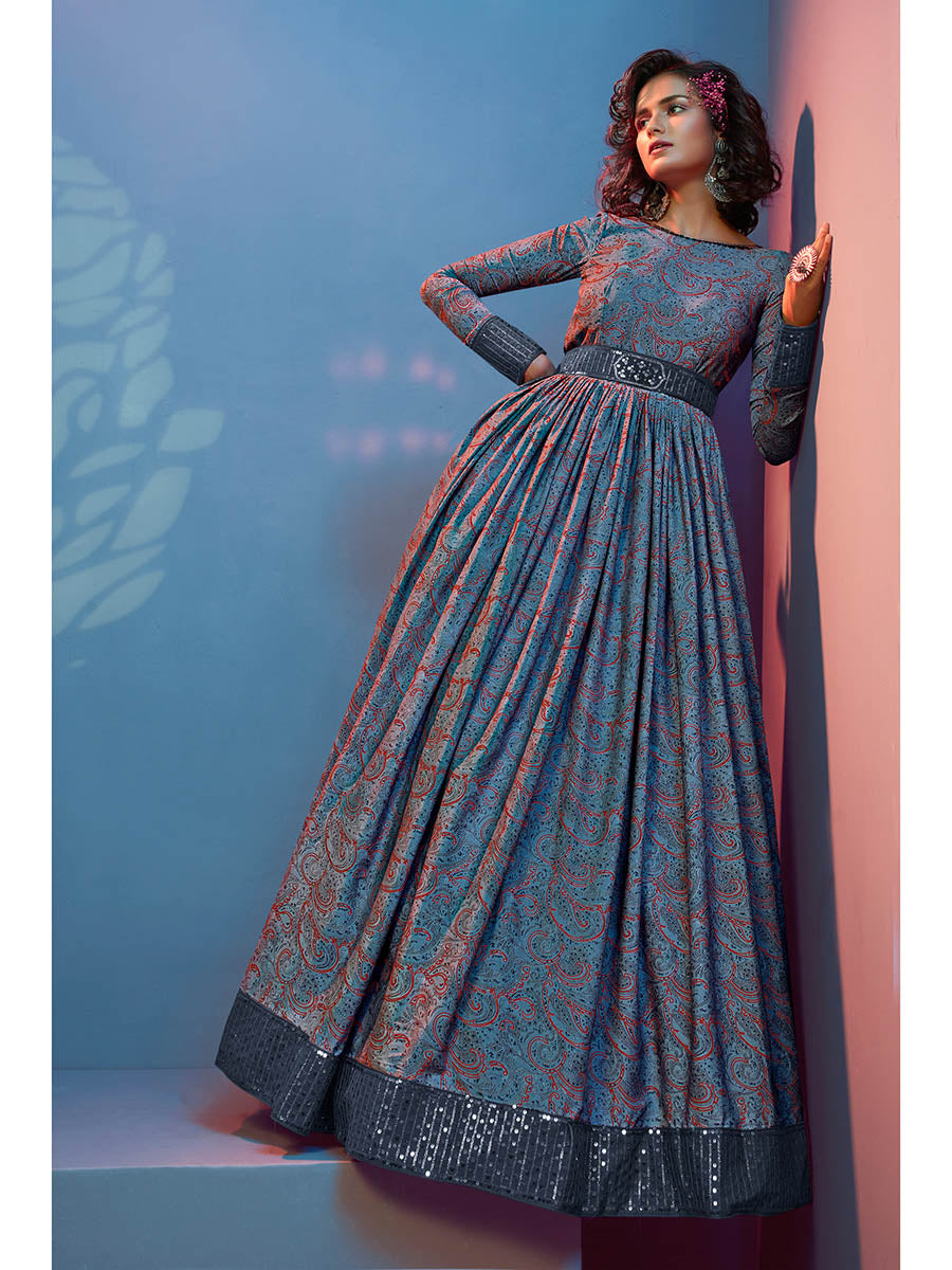 Myra Grey Crepe Printed Embroidered Gown