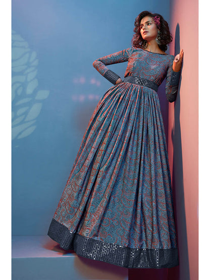 Myra Grey Crepe Printed Embroidered Gown