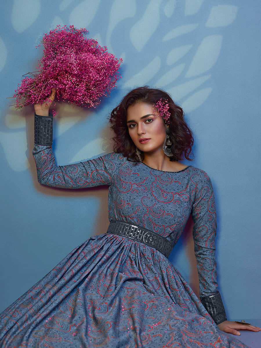 Myra Grey Crepe Printed Embroidered Gown