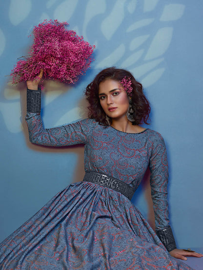 Myra Grey Crepe Printed Embroidered Gown