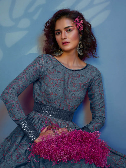 Myra Grey Crepe Printed Embroidered Gown