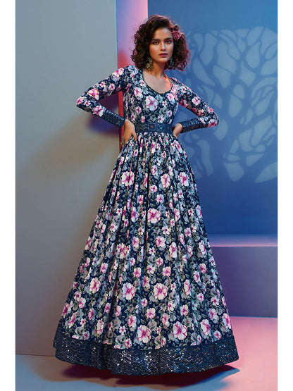 Myra Blue Natural Crepe Printed Embroidered Gown