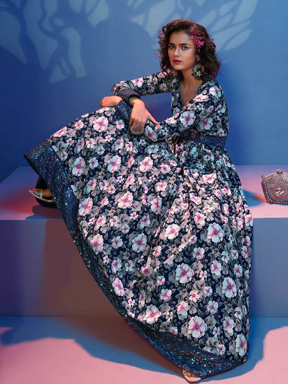 Myra Blue Natural Crepe Printed Embroidered Gown