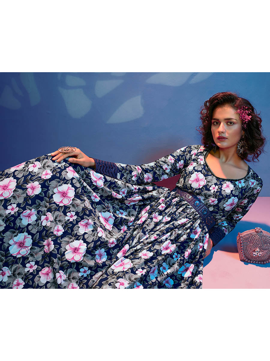 Myra Blue Natural Crepe Printed Embroidered Gown