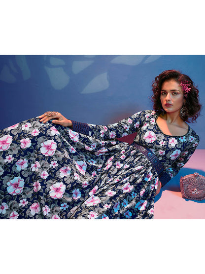 Myra Blue Natural Crepe Printed Embroidered Gown