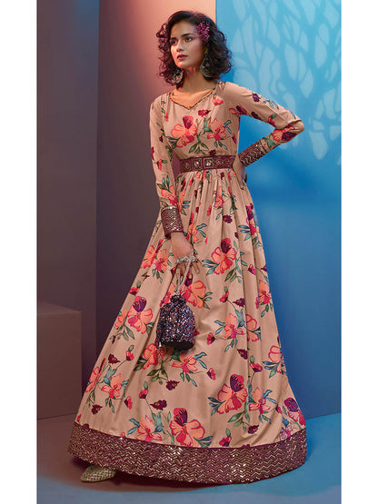 Myra Peach Natural Crepe Printed Embroidered Gown