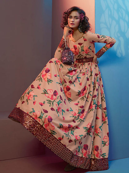 Myra Peach Natural Crepe Printed Embroidered Gown