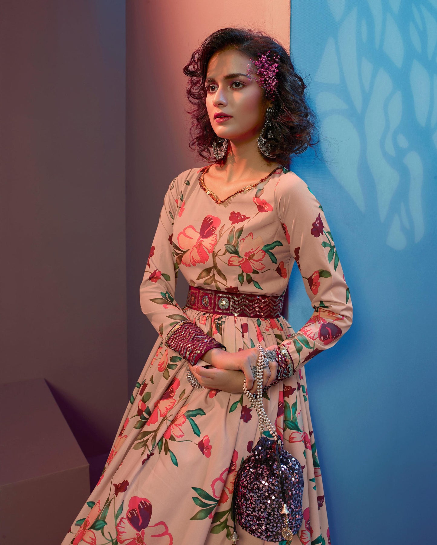 Myra Peach Natural Crepe Printed Embroidered Gown
