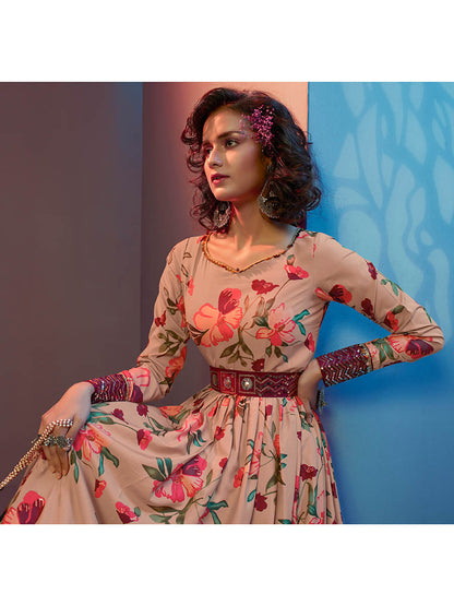 Myra Peach Natural Crepe Printed Embroidered Gown