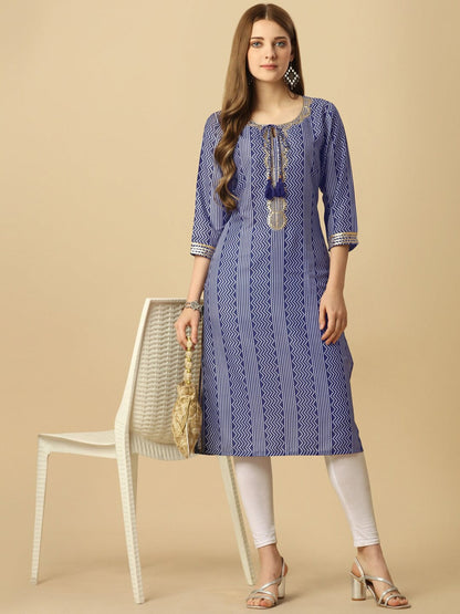 HERE&NOW Blue & White Tie-Up Neck Bandhani Printed Sequined Straight Kurta