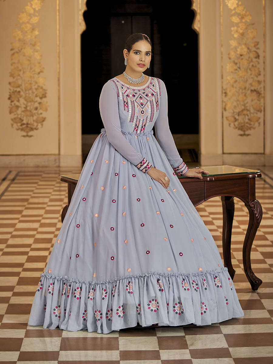 Myra Light Blue Georgette Embroidered Gown