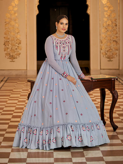 Myra Light Blue Georgette Embroidered Gown