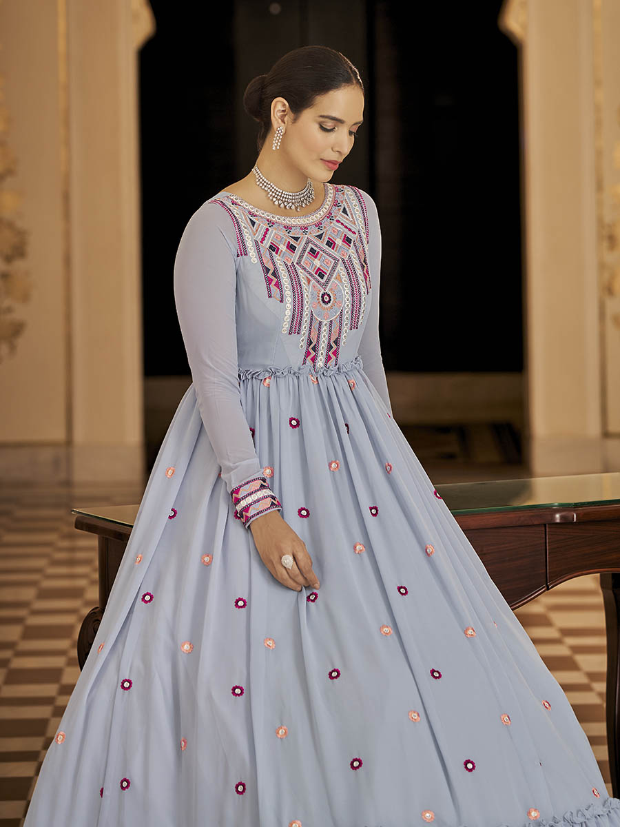 Myra Light Blue Georgette Embroidered Gown